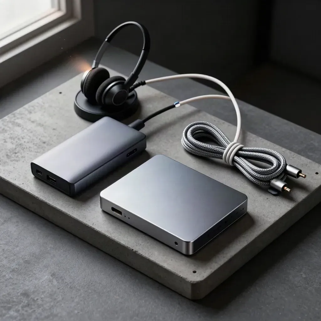 Grafit yüzeyde hizalanmış headset dock, USB-C hub, SSD ve örgülü şarj kablosu.