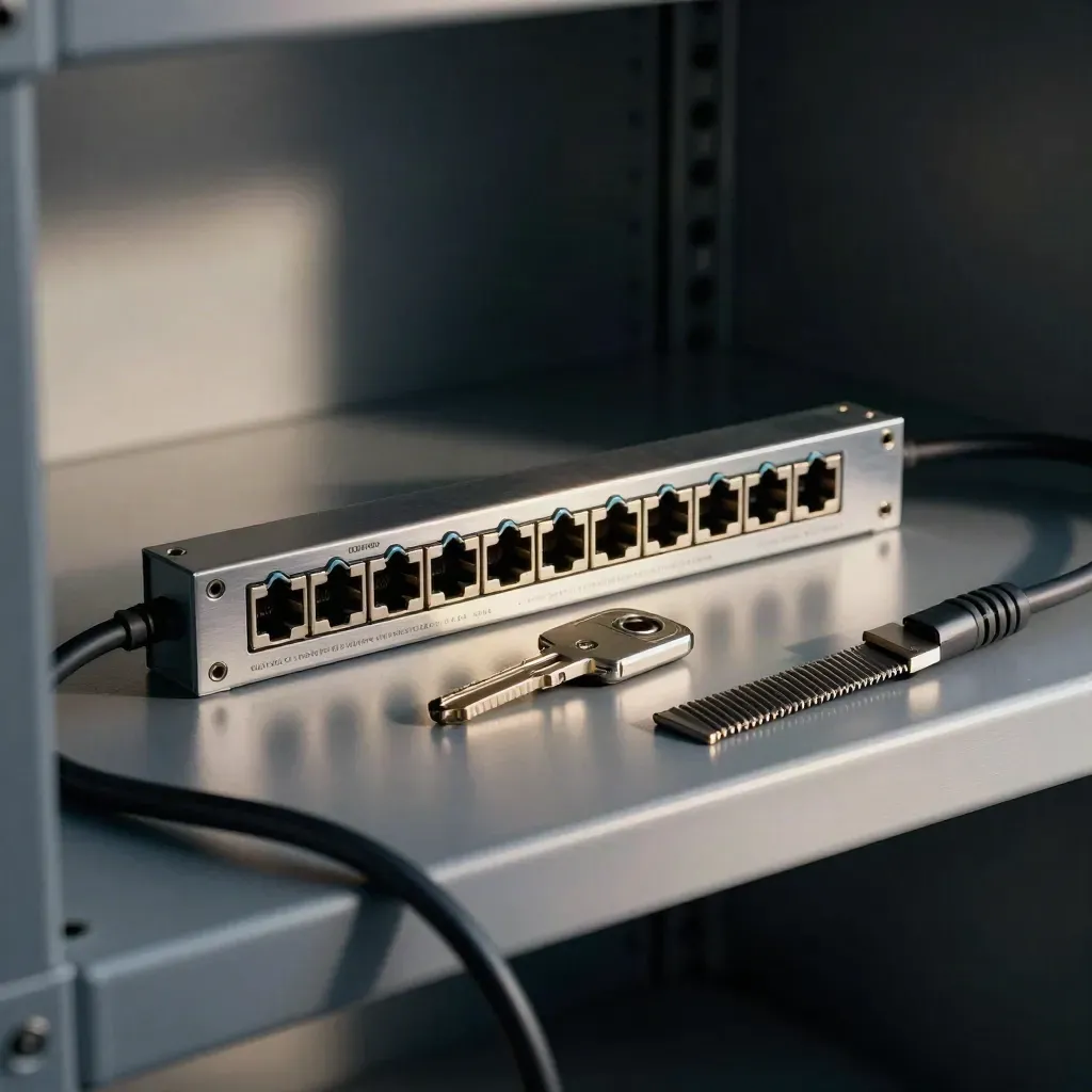 Sunucu rafında patch panel, güvenlik anahtarı ve kablo taraklarıyla dramatik teknik stille.