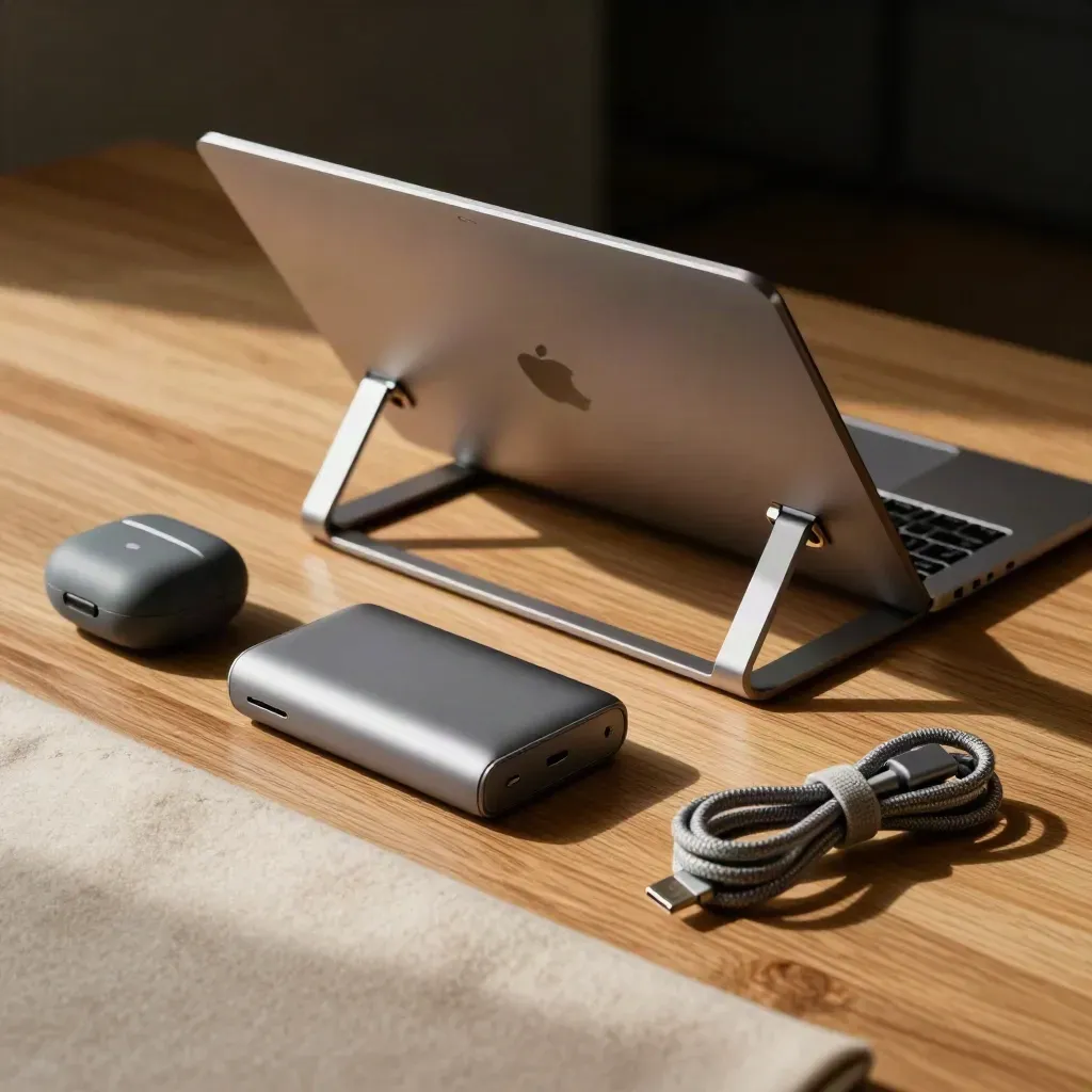 Ahşap yüzeyde açılan laptop standı, kulaklık kutusu, powerbank ve USB-C kablo.